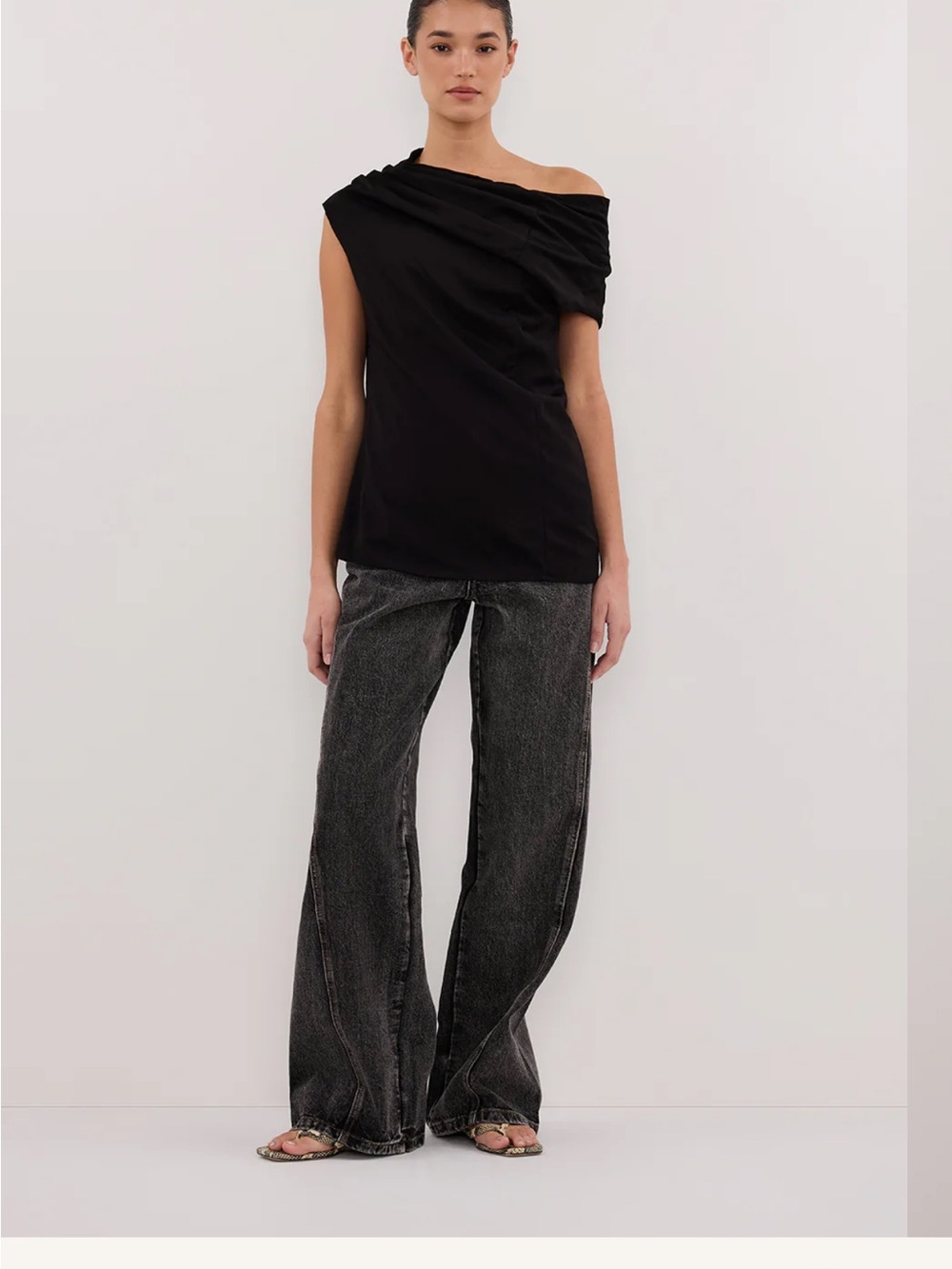 DISSH Black One-Shoulder Draped Top